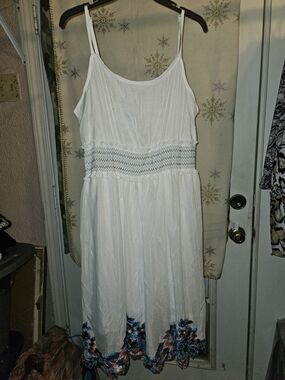 Avenue White Midi Dress with Blue and Coral Floral Hem